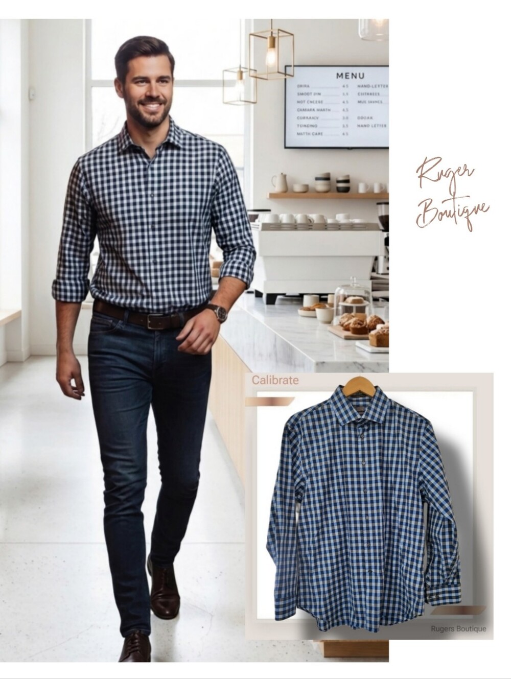 🌿Calibrate Mens Large Trim Fit Blue Checkered LongSleeve Buttondown Shirt
